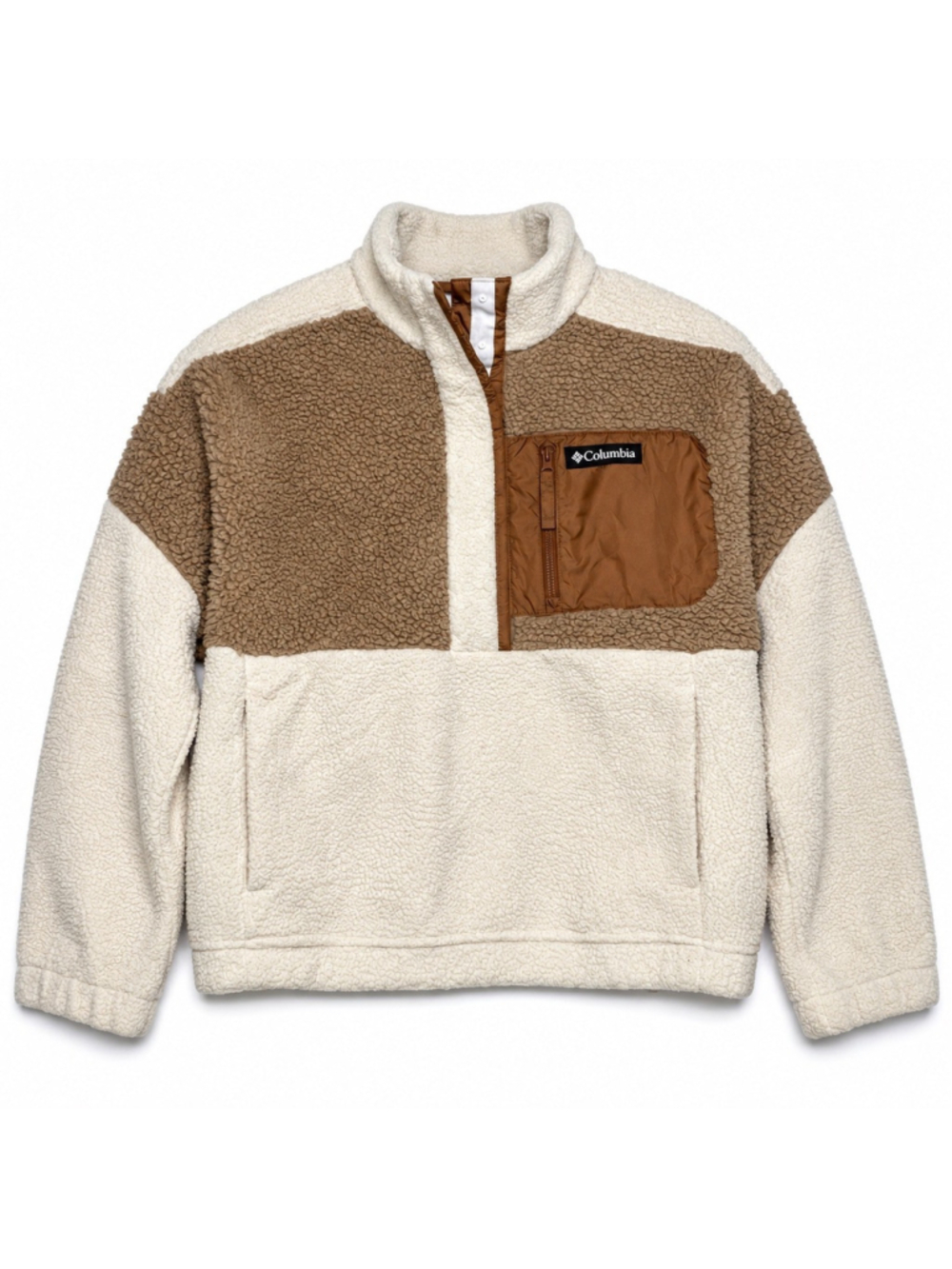 Women’s Columbia Lodge Sherpa Pullover Size Large Pockets Beige and Tan Snaps
